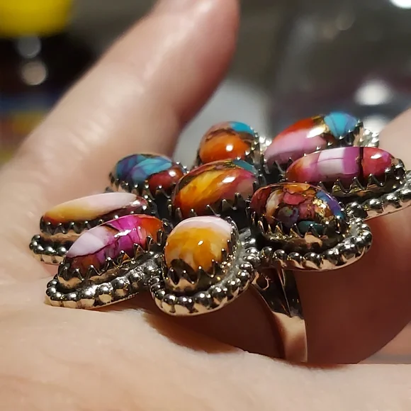 New Sterling Silver Large Flower Adjustable Ring in Pink Spiny Turquiose Dalia - Picture 4 of 8